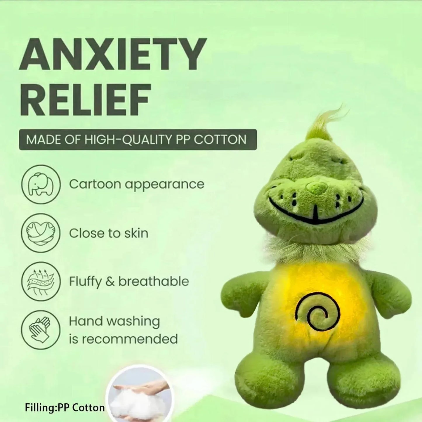 Green Shaggy Anime Plush Toy Breathing Companion Doll @ Glowing Belly Stuffed Animal Peripheral Holiday Gift for Kids